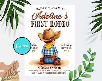 Sjabloon eerste rodeo uitnodiging, wilde westen verjaardagsuitnodiging, jongen cowboy verjaardagsuitnodiging, mijn 1e rodeo-uitnodiging, 5 x 7 DIY bewerkbare Canva