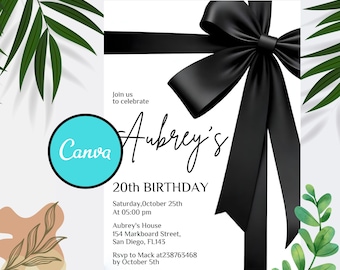 Black Bow Birthday Invitation: Minimalist Coquette Party (Canva Template)