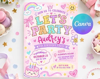 Patch Letter Invitation, Girl Birthday Invitation, Varsity Patch Party, Smiley Face Birthday Invite, Retro Groovy Girl Party, Editable Canva