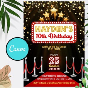 Editable Red Carpet Birthday Invitation, Red Carpet Event Hollywood Invitation, Red Carpet Party, Canva Template