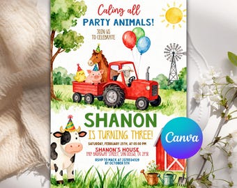 Invitación de cumpleaños de granja, invitación de cumpleaños de animales de granja, invitación de cumpleaños para niños del rancho, plantilla de invitación de granja, Canva editable
