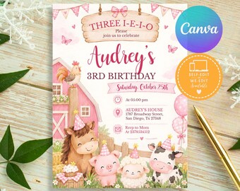 Editable Pink Farm Birthday Invitation, Barn Animals, Girl Party Invite
