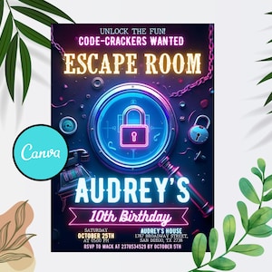 脱出ゲーム誕生日招待状、ミステリー誕生日招待状、性別を問わない招待状、プレティーン、ティーン向け脱出ゲームパーティー、デジタル招待状