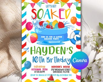 Water Balloon Birthday Invitation, Summer Pool Party Invite (Editable Canva)