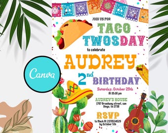 Editable Taco Twosday Fiesta Birthday Invitation, Second Birthday 2nd Cactus Mexican, Tacos Girl Cactus Download Canva Template