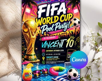 World Cup Soccer Pool Party Invitation, Soccer Birthday Invitation, Kids Pool Party Invite, Instant Download, Editable Canva Template