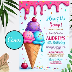 Ice Cream Birthday Invitation, Icecream Sweet Party Here&#39;s the Scoop Pink Purple Blue Girl Birthday EDITABLE Invite, Instant Download