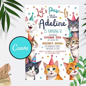 Editable Cat Birthday Invitation, Cat Theme Birthday Invitation, Are You Kitten Me Birthday, Paw-ty Birthday Invite, Rainbow, Printable