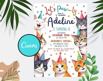 Editable Cat Birthday Invitation, Cat Theme Birthday Invitation, Are You Kitten Me Birthday, Paw-ty Birthday Invite, Rainbow, Printable