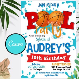 Invitation de fête d'anniversaire de piscine de basket-ball modifiable, fête de natation de sports d'enfants, partie de basket-ball, téléchargement immédiat