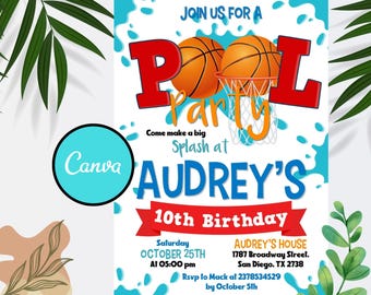 Basketball Pool Party Invitation: Editable Kids Birthday (Instant Download)