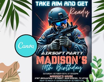 Convite de aniversário de Airsoft editável: Tema militar camuflado (download instantâneo)