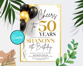 50th Birthday Invitation, 50th Invite, Gold Black Birthday Invite, Any Age Adult Birthday Invite, Printable Digital Editable Canva Template
