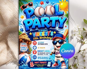 Convite de aniversário para festa na piscina com tema de beisebol, festa na piscina com tema de beisebol, convite para festa na piscina com tema de verão para adolescentes, modelo editável do Canva