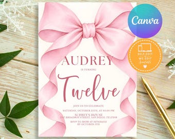 Pink Bow Birthday Invitation, Coquette Style, Canva Editable (Digital Download)