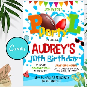 Football Birthday Invitation, Pool Party, Editable Football team party, Boy Sports Summer Birthday Invite, Printable Instant Download