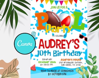 May include: A blue and white pool party invitation with a colorful pool float, a football, and the text "Join us for a Pool Party to celebrate Audrey's 10th Birthday". The invitation includes the date, time, and location of the party.