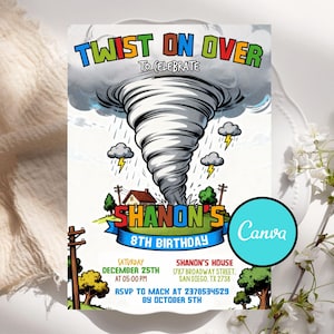 編集可能な竜巻誕生日パーティー招待状、誕生日招待状、竜巻パーティー、竜巻誕生日、竜巻招待状、CANVAで