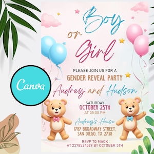 Invitación editable para revelar el género del bebé, invitación para revelar el género del bebé con idea de osito de peluche, globos aerostáticos rosas y celestes, plantilla de Canva para él o ella