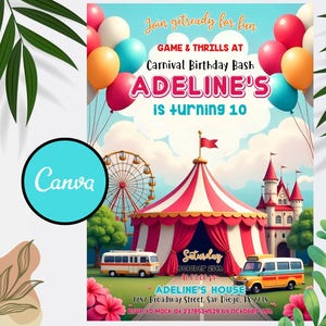 Carnival Circus Invitation, Carnival Birthday Party Invitation, Circus Party Invite, Carnival Invitation, Editable in CANVA