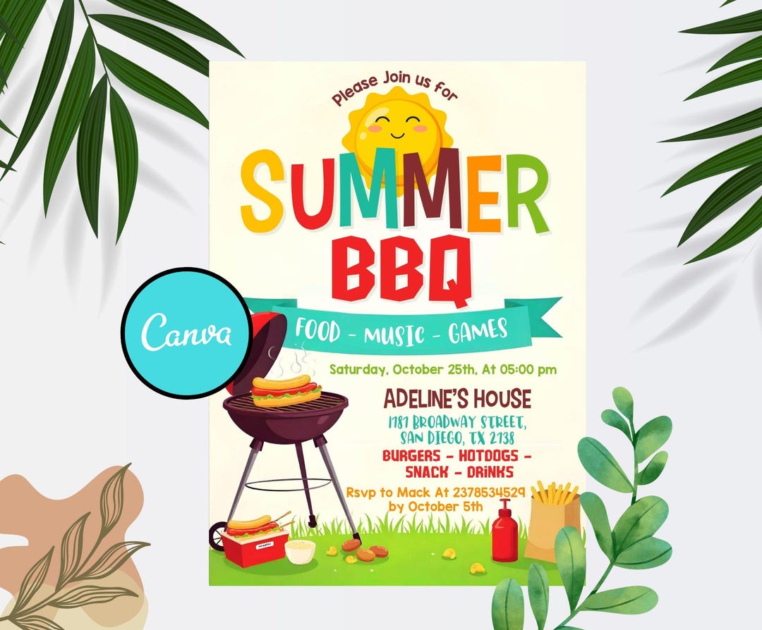 Summer BBQ Party Flyer Editable Template, DIY Cookout Invitation ...