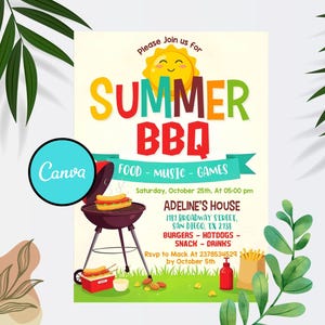 May include: A colorful invitation for a summer BBQ, featuring a smiling sun and the words "SUMMER BBQ." The design includes a grill with hot dogs, and the text "FOOD - MUSIC - GAMES." Details include the date, time, and location.