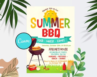 Summer BBQ Party Flyer Editable Template, DIY Cookout Invitation, Editable in Canva