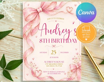 Pink Bow Birthday Invitation, Girl Pink Birthday Invite, Coquette Pink Bow Invitation, Pink Girl Ribbon, Canva Editable
