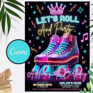 Skate Party Birthday Invitation, Party Invitation, girl, boy, Roller Skating, Retro Neon Lights, Editable Evite Template, Editable Canva