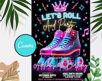 Retro Roller Skate Birthday Invitation: Neon Party Evite (Canva Template Digital Download 5x7" )