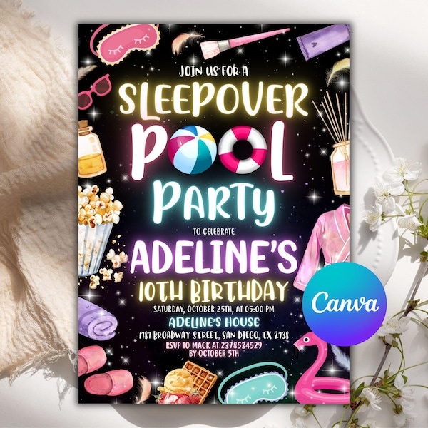 Invito modificabile per pigiama party in piscina: modello per compleanno di un'adolescente (download digitale, formato 5x7" con Canva)
