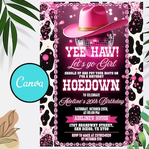 Pink Cowgirl Birthday Invitation, Cowgirl Hoedown Birthday Party Invite, Pink Disco Cowgirl Hoedown Party , Disco Rodeo Invite, Nashville
