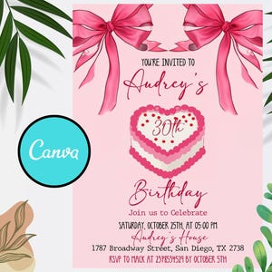 Convite de aniversário de bolo retrô, convite de aniversário de 30 anos vintage, convite de bolo de coração convite de coquete rosa, download instantâneo de bolo rosa