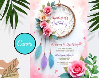 Watercolor Dreamcatcher Birthday Invitation: Boho Party Invite (Canva Template, Digital Download)
