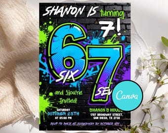 PACKLIST® Lot de 12 cartes d'invitation Six Seven Edition - Pour anniversaire d'enfant et adolescents - Design graffiti urbain - Pour garçons et filles - Avec image Messenger et bon d'achat