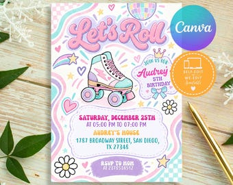 Roller Skate Birthday Invitation, Neon Roller Skating Party Invite, Rollin Into 8 Girl Skate Card, Canva Template