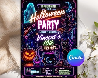 Neon Halloween Birthday Invitation, Spooky Party Invite (Editable Canva)