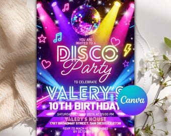 Disco Party Birthday Invitation, Any Age Disco Dance Party Invite Template, Neon Glow Party Invitation, Editable Canva Template