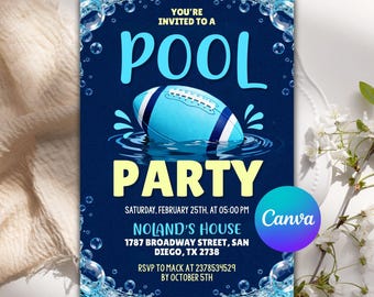 Football Pool Party Invitation, Pool Birthday Invitation, Football Birthday Invitation, Boy Sports Summer Birthday, Editable Canva