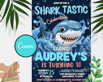 Invitación de cumpleaños editable de tiburón: Plantilla de Canva (Descarga digital)