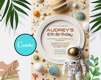 Invitación de cumpleaños espacial editable: Planetas, cohetes y astronautas (descarga digital)