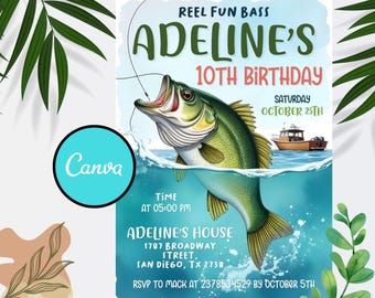 May include: A birthday invitation for a 10th birthday party with a fishing theme. The invitation features a cartoon bass fish jumping out of the water with a fishing line attached to its mouth. The text on the invitation reads "Reel Fun Bass Adeline's 10th Birthday Saturday October 25th".
