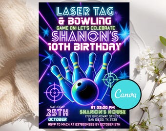 Laser Tag Bowling Birthday Invitation, Glow Laser Tag Invite, Neon Bowling Party, Arcade Birthday Party, Gaming Party, Digital Download