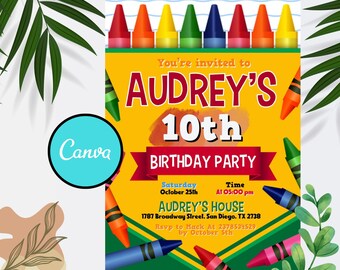 Invitación de cumpleaños editable con crayones, invitación para fiesta de arte con crayones, invitación para fiesta de arte, invitación digital