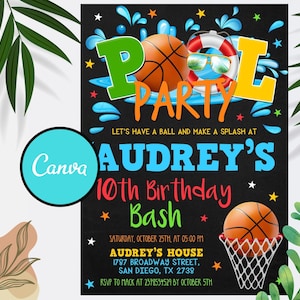 Bearbeitbare Basketball Pool Geburtstagsfeier-Einladung Sofort-Vorlage Download Kinder Sportschwimmparty, Basketball-Party, Sofort-Download