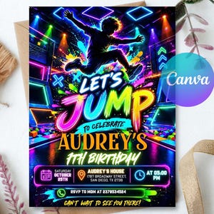 Może przedstawiać: Zaproszenie urodzinowe w stylu neonowym z sylwetką skaczącej osoby na kolorowym tle. Tekst brzmi: LET'S JUMP TO CELEBRATE AUDREY'S 7TH BIRTHDAY, SATURDAY OCTOBER 25TH, AUDREY'S HOUSE, 1787 BROADWAY STREET, SAN DIEGO, TX 2738, AT 05:00 PM, RSVP TO MOM AT 2378534524, CAN'T WAIT TO SEE YOU THERE!