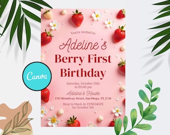 Berry First Birthday Invitation, Editable 1st Birthday Girl Invite, Printable Strawberry First Birthday Girl Invitation Template