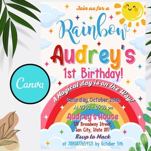 Rainbow Birthday Invitation, Clouds and Rainbow Birthday Invitation Template Printable, Magic Rainbow Invitation Digitally Editable in Canva