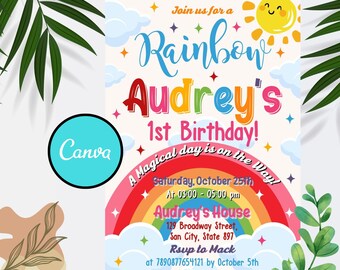 Rainbow Birthday Invitation Template: Editable Clouds Design (Canva)