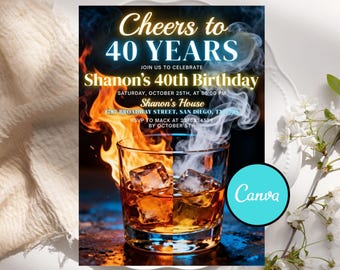 Modèle modifiable imprimable d'invitation de whisky, invitation d'anniversaire de whisky pour des hommes d'invitation d'anniversaire, modèle d'itinéraire d'invitation de partie de whisky